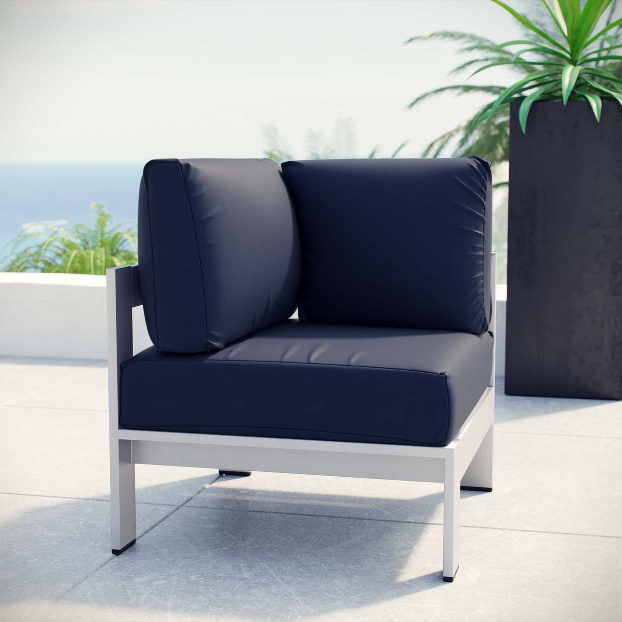 Shorea Alfresco Corner Chair | Outdoor Modular Sectional Component, Silver & Navy
