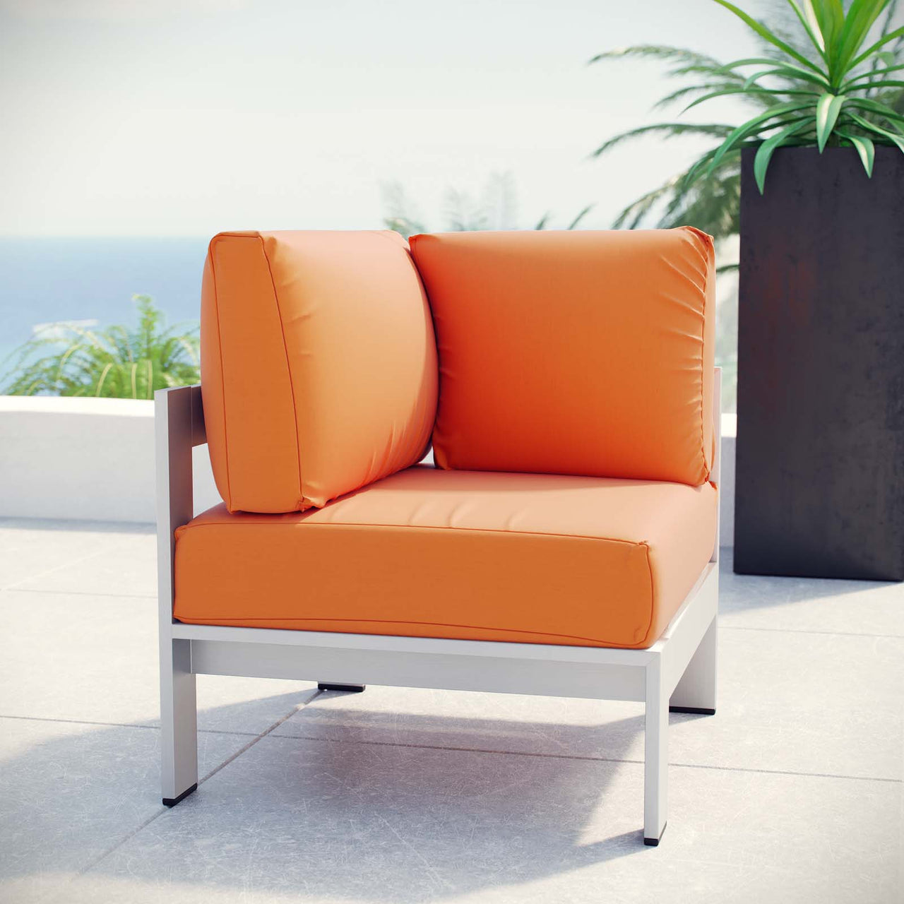 Shorea Alfresco Corner Chair | Outdoor Modular Sectional Component, Silver & Orange