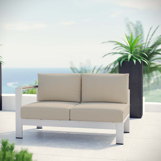 Shorea Alfresco Left-Arm Loveseat | Outdoor Modular Sectional Component, Silver & Beige