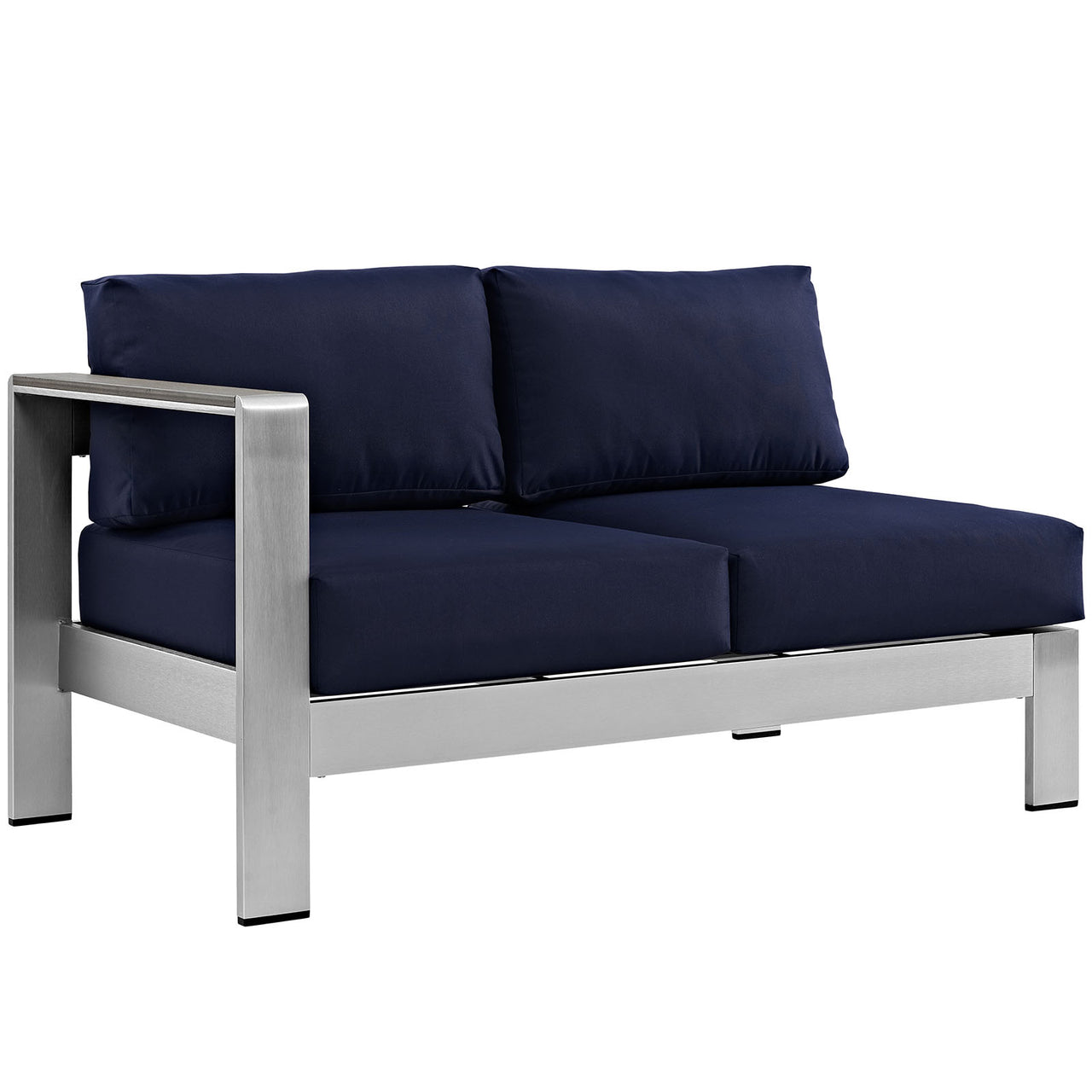 Shore Outdoor Patio Aluminum Left-Arm Loveseat | Outdoor Modular Sectional Component, Silver & Navy