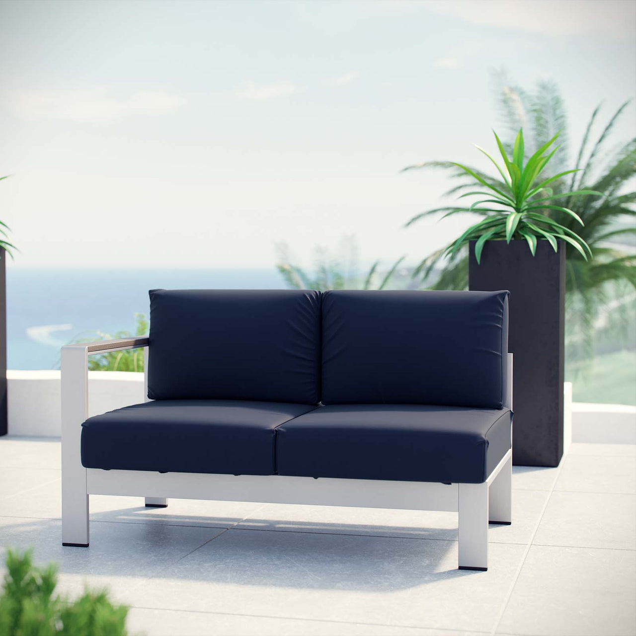 Shore Outdoor Patio Aluminum Left-Arm Loveseat | Outdoor Modular Sectional Component, Silver & Navy