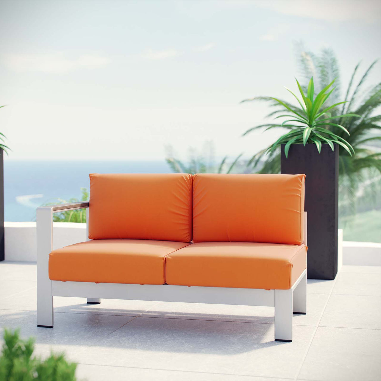 Shore Outdoor Patio Aluminum Left-Arm Loveseat | Outdoor Modular Sectional Component, Silver & Orange