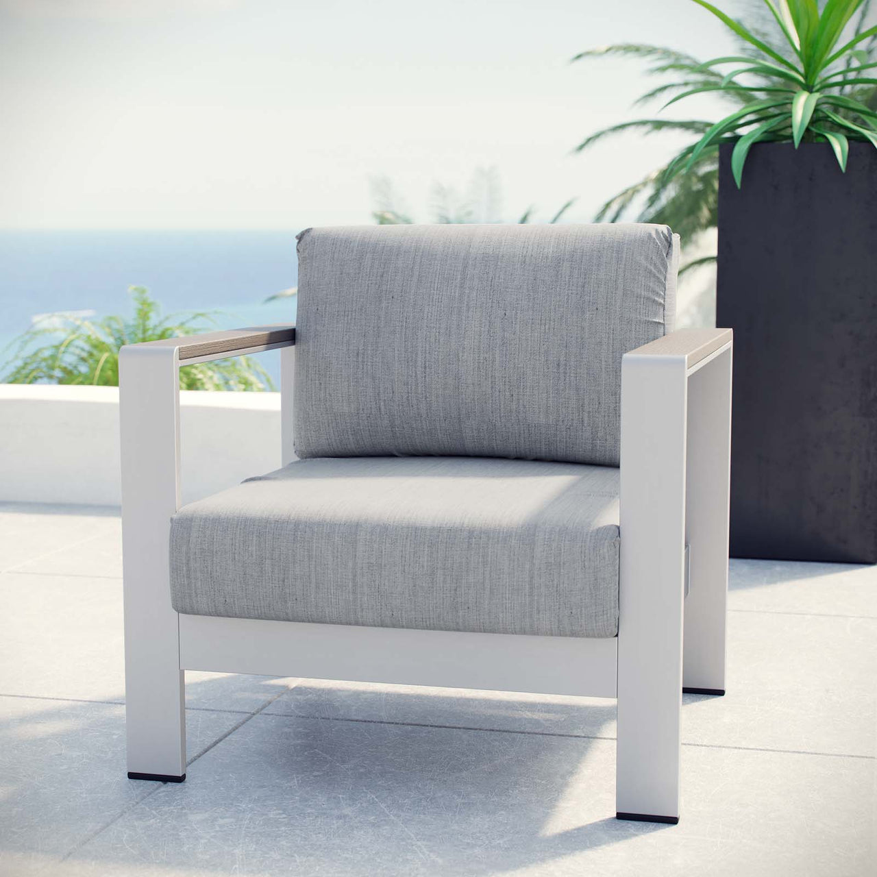 Shore Outdoor Patio Aluminum Armchair, Silver & Gray