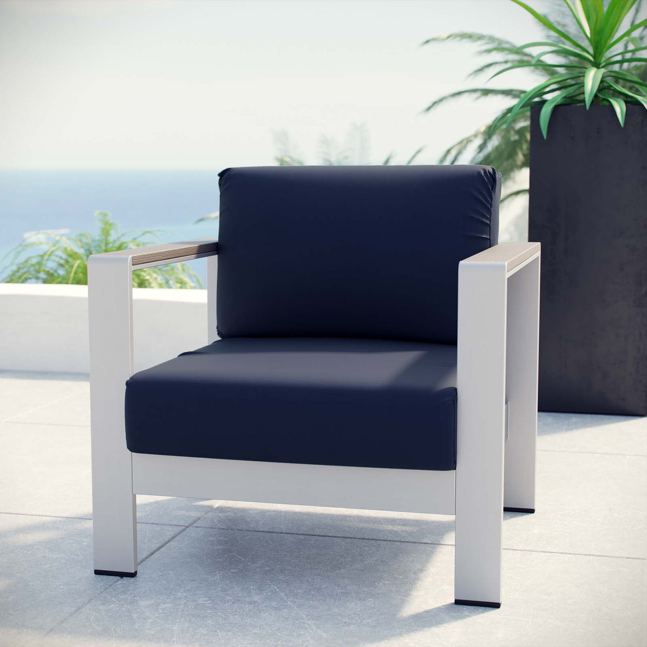 Shore Outdoor Patio Aluminum Armchair, Silver & Navy