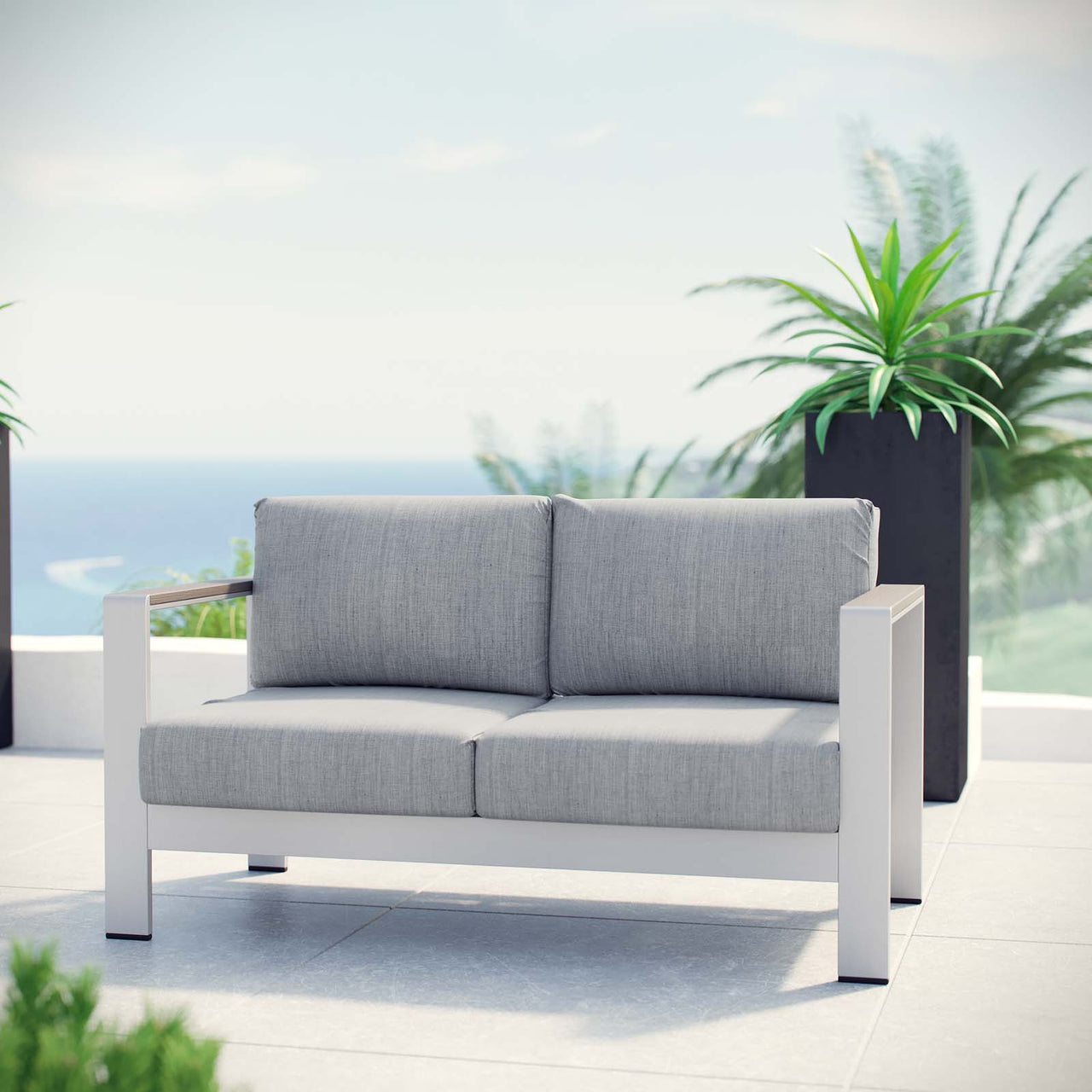Shore Outdoor Patio Aluminum Loveseat, Silver & Gray