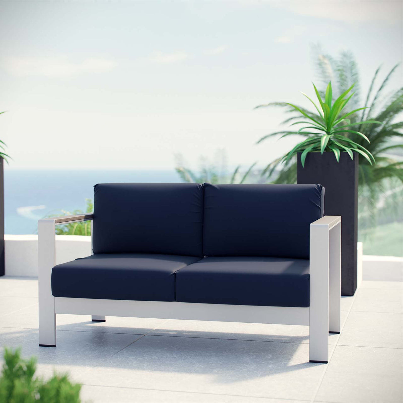 Shore Outdoor Patio Aluminum Loveseat, Silver & Navy