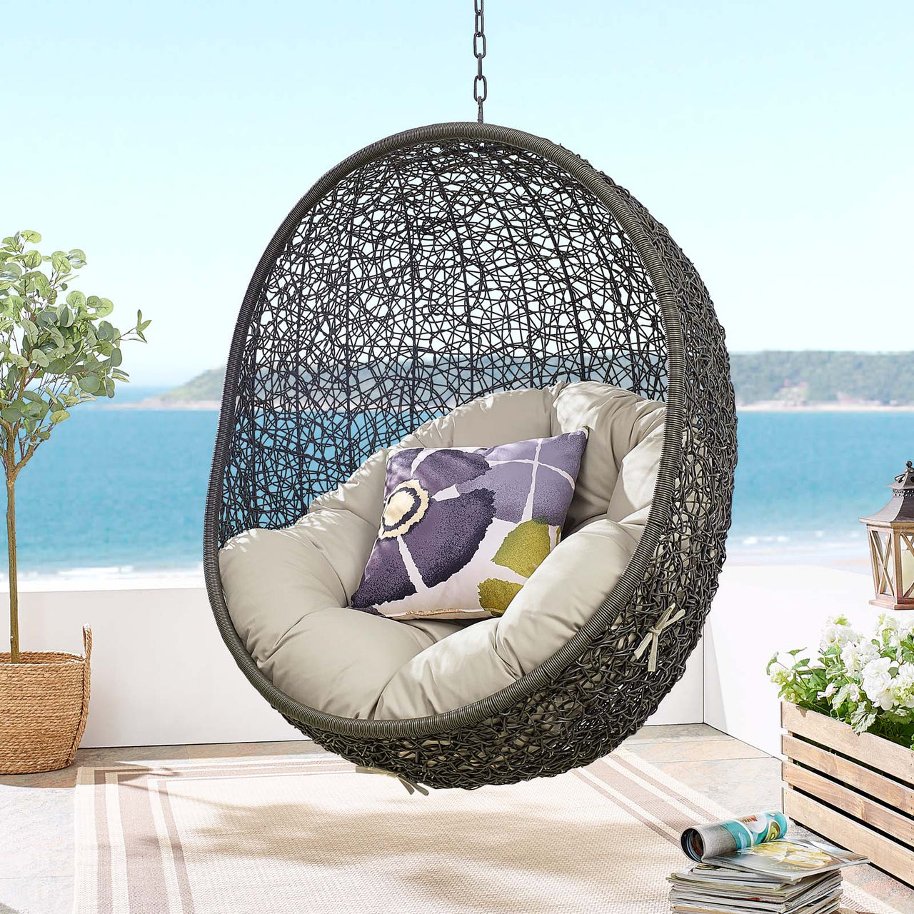 Hide Outdoor Patio Swing Chair With Stand, Gray & Beige