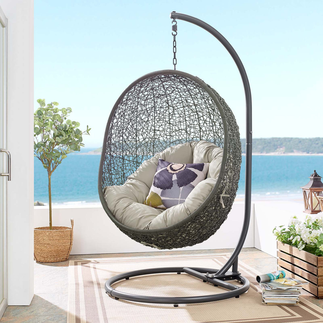 Hide Outdoor Patio Swing Chair With Stand, Gray & Beige