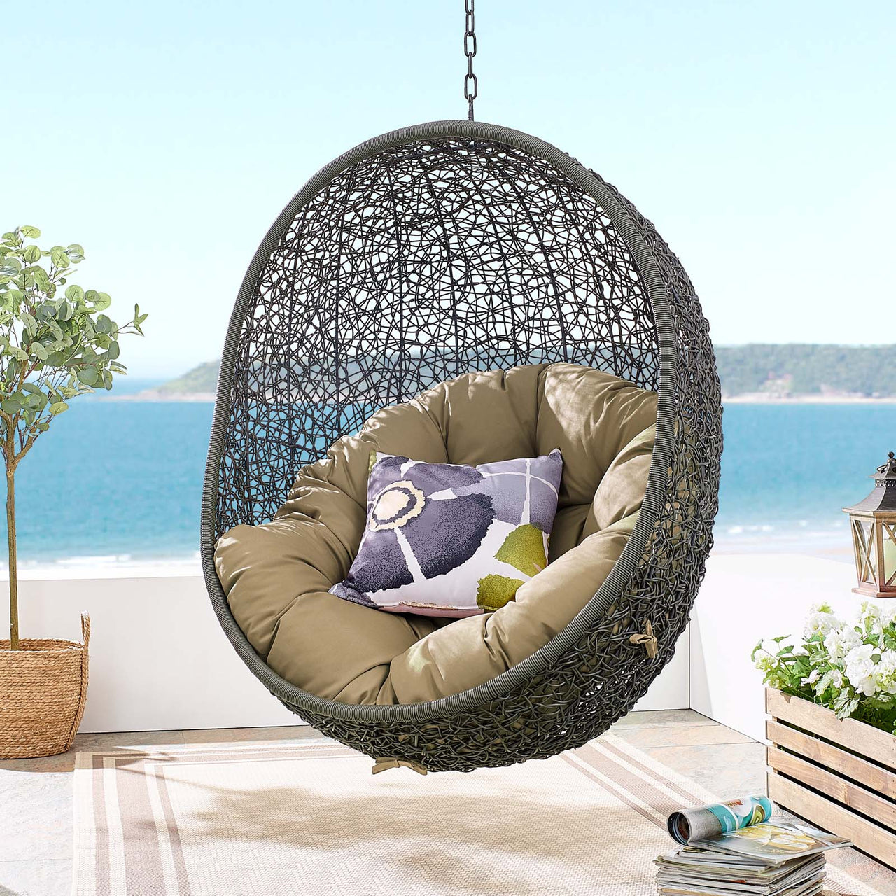 Shell Alfresco Swing Chair w/ Stand, Gray & Mocha