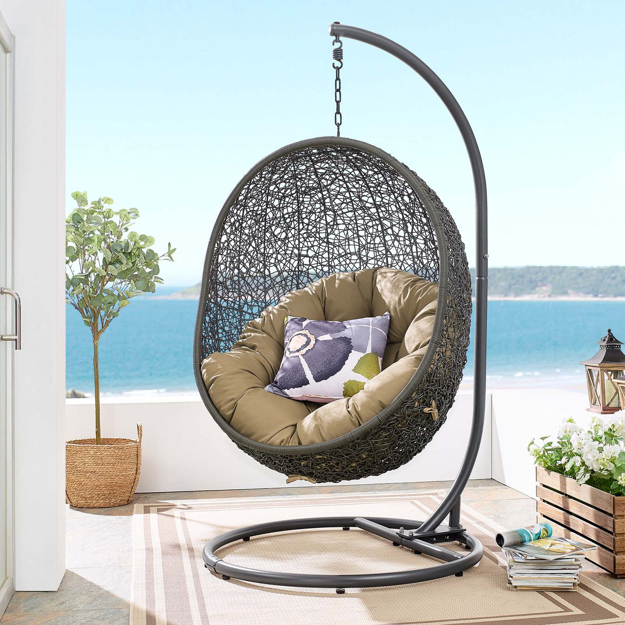 Shell Alfresco Swing Chair w/ Stand, Gray & Mocha