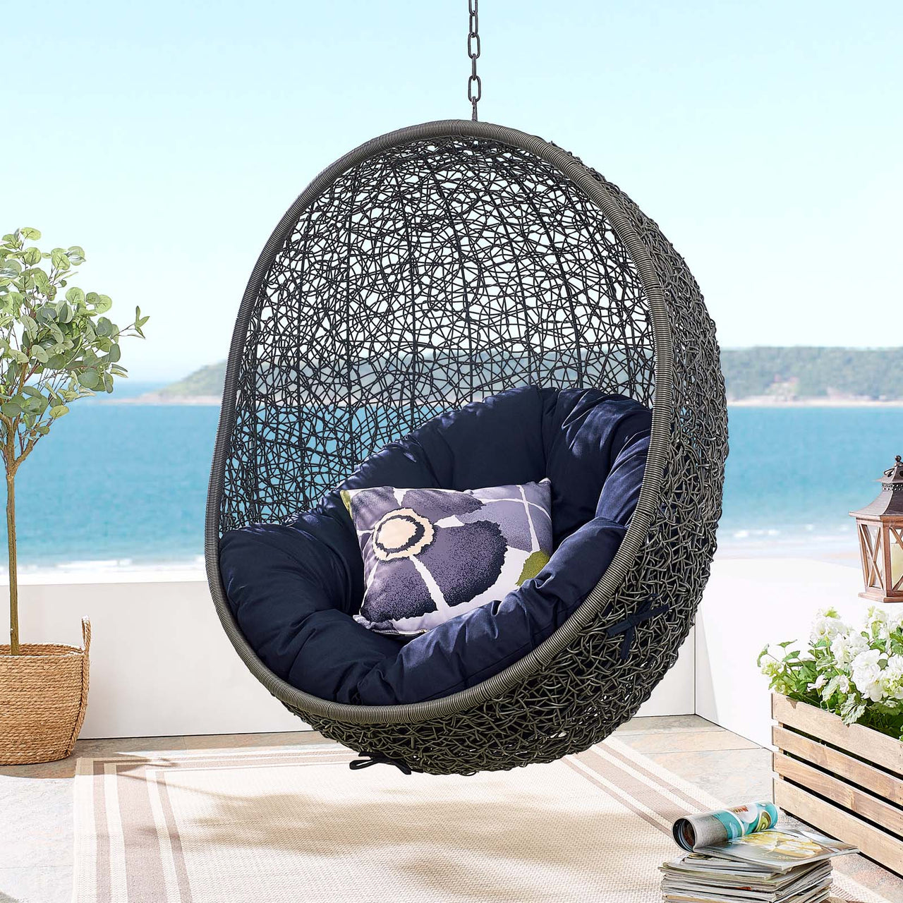 Shell Alfresco Swing Chair w/ Stand, Gray & Navy