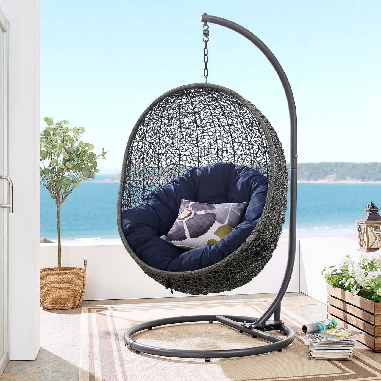 Shell Alfresco Swing Chair w/ Stand, Gray & Navy