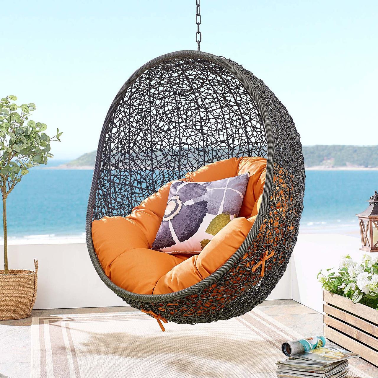 Hide Outdoor Patio Swing Chair With Stand, Gray & Orange