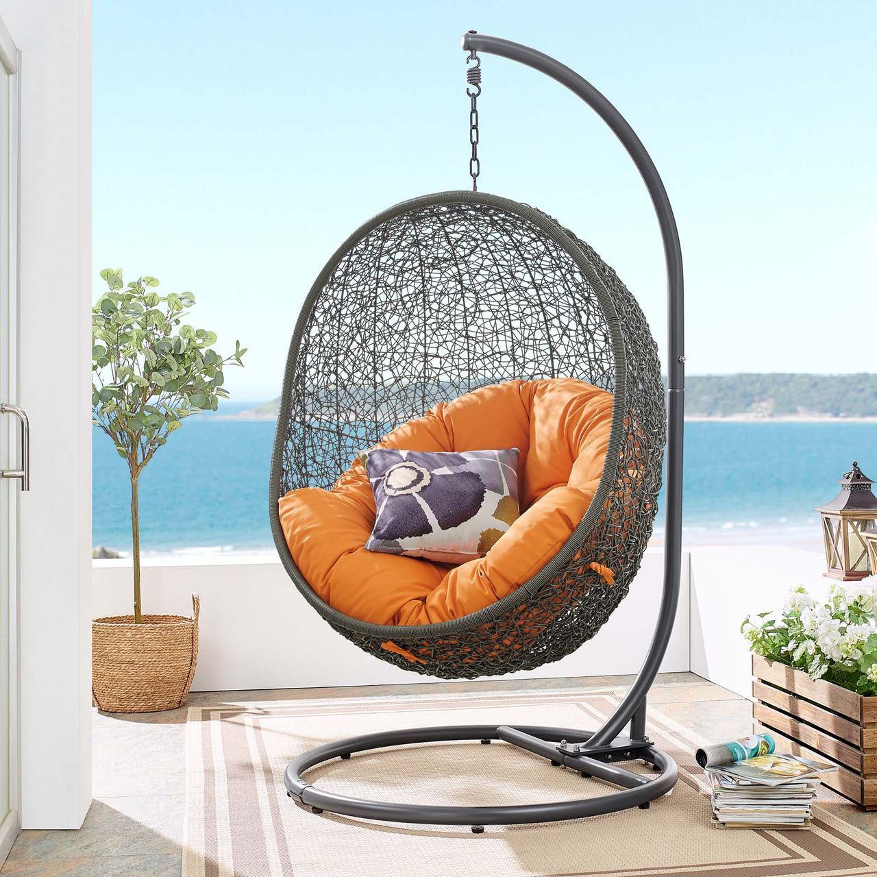 Hide Outdoor Patio Swing Chair With Stand, Gray & Orange