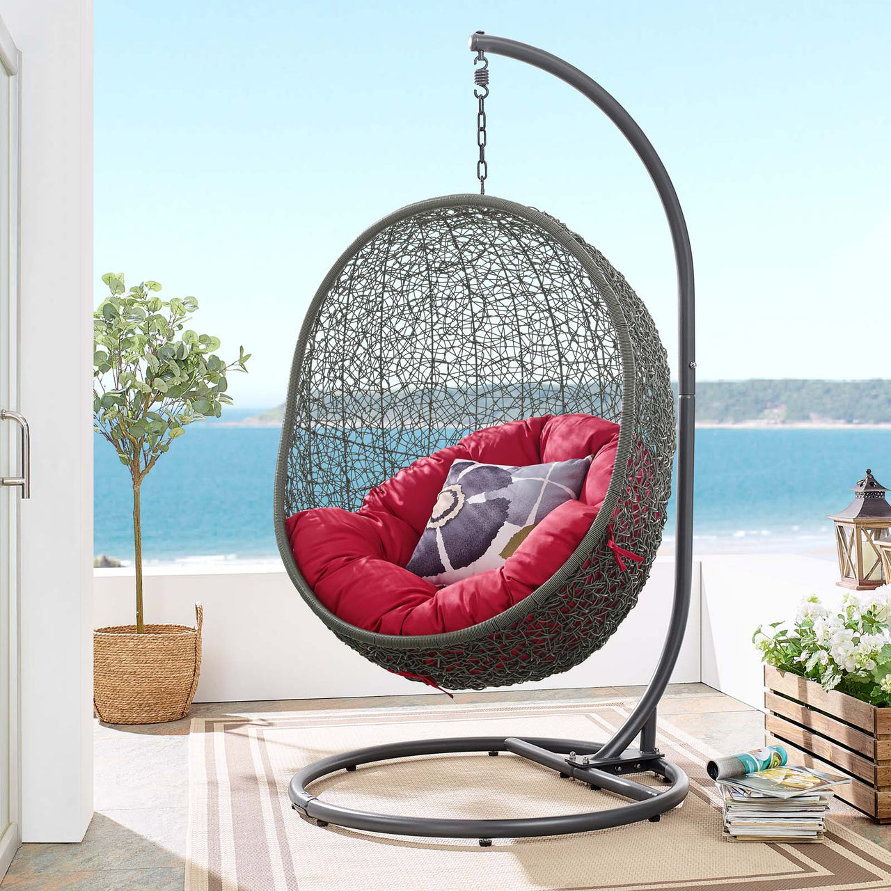 Shell Alfresco Swing Chair w/ Stand, Gray & Red