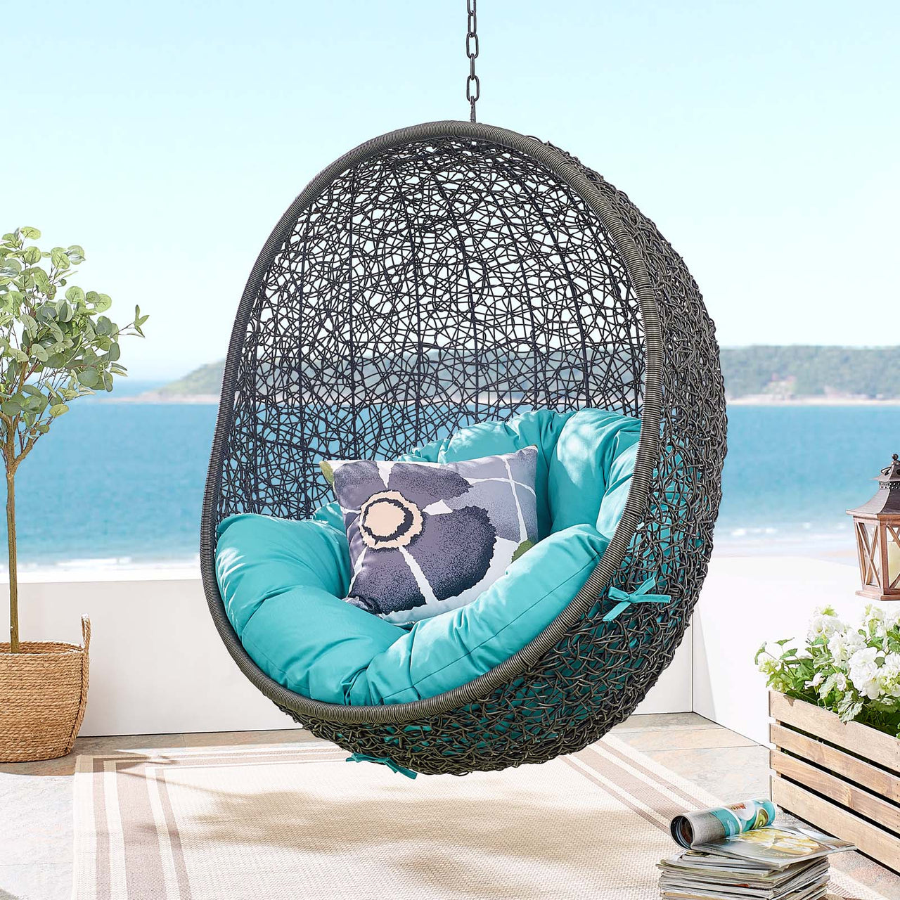 Shell Alfresco Swing Chair w/ Stand, Gray & Turquoise