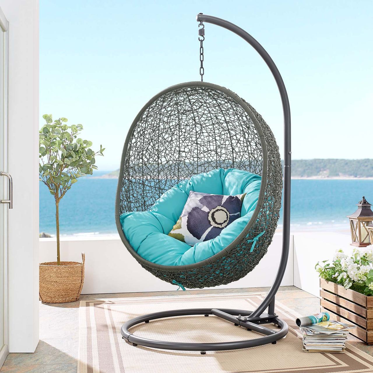 Shell Alfresco Swing Chair w/ Stand, Gray & Turquoise