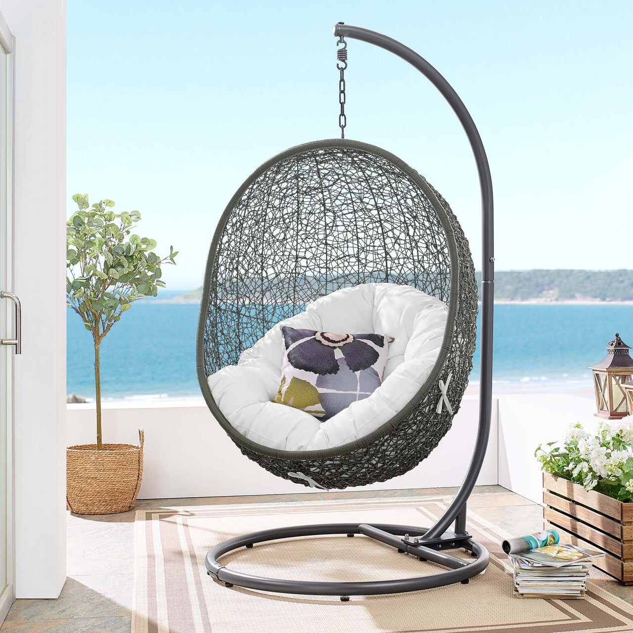 Shell Alfresco Swing Chair w/ Stand, Gray & White