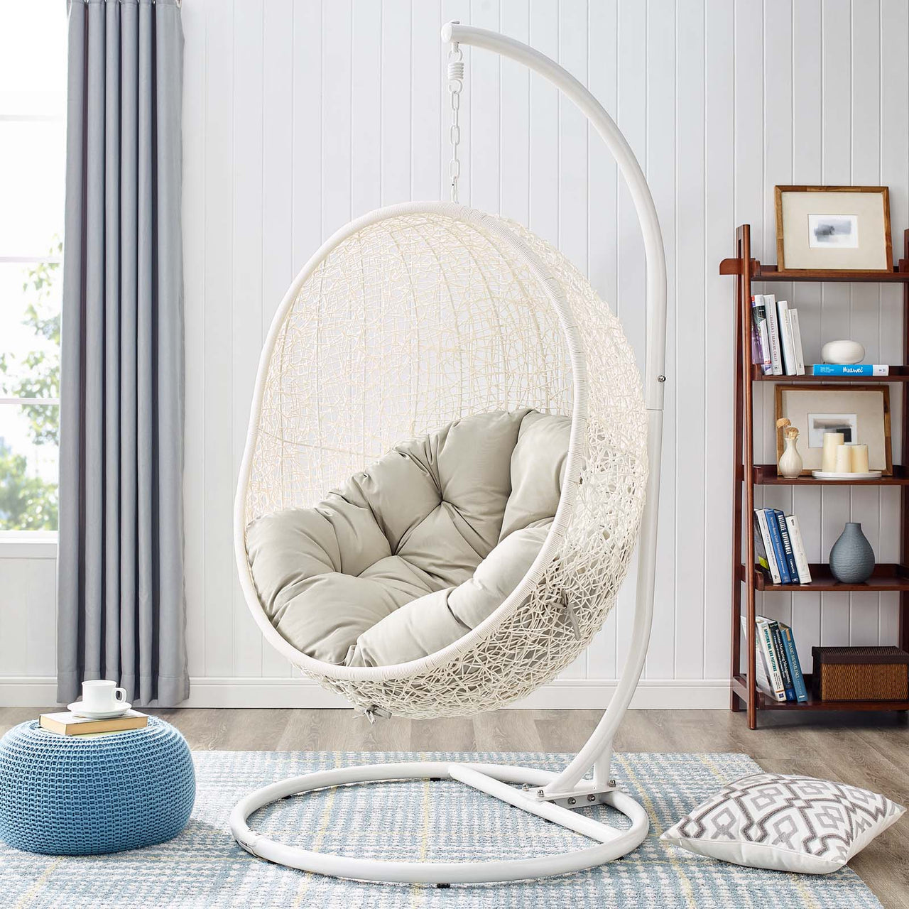 Shell Alfresco Swing Chair w/ Stand, White & Beige