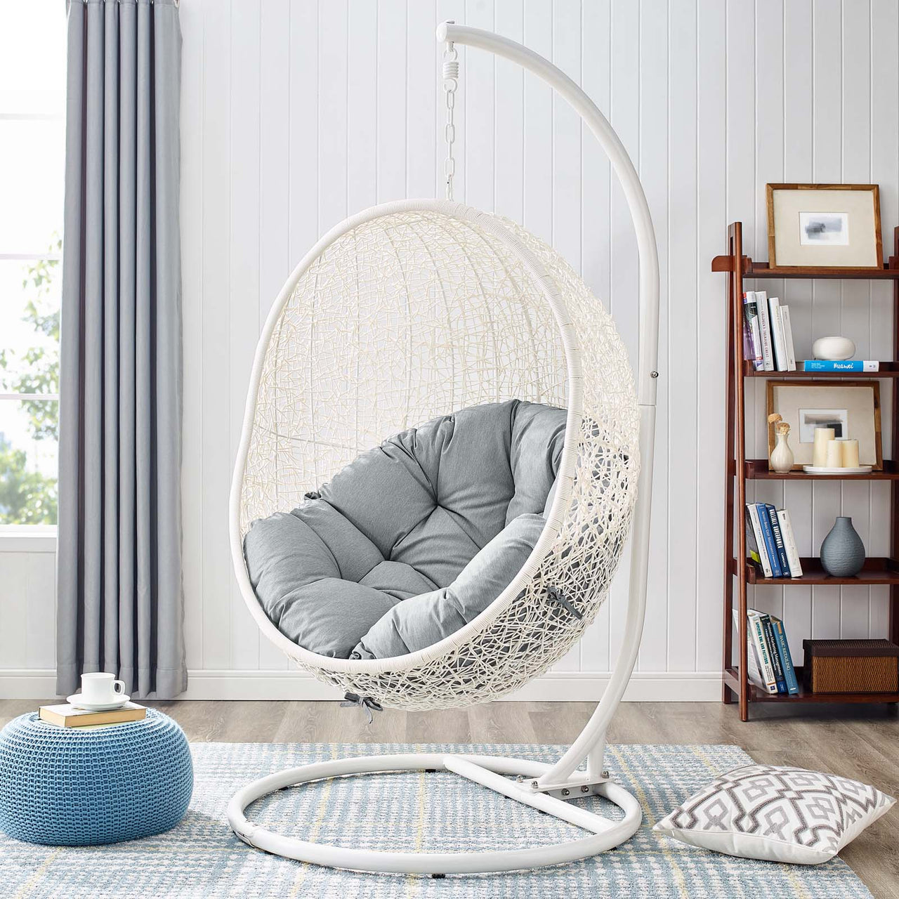 Shell Alfresco Swing Chair w/ Stand, White & Gray