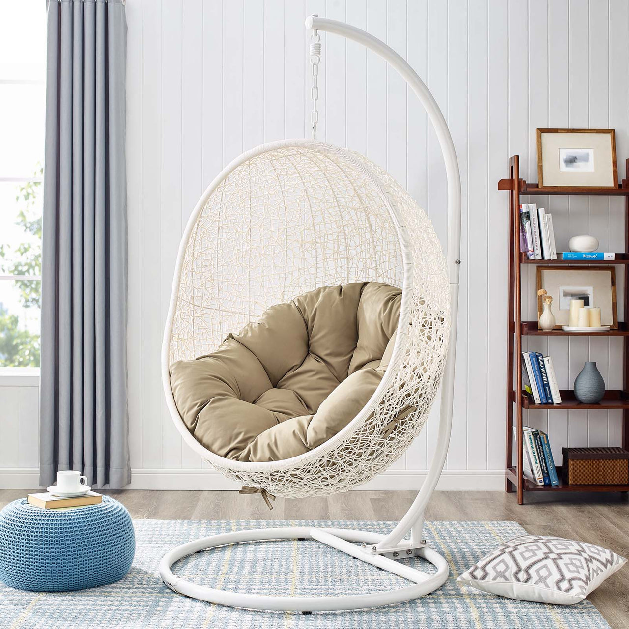 Hide Outdoor Patio Swing Chair With Stand, White & Mocha