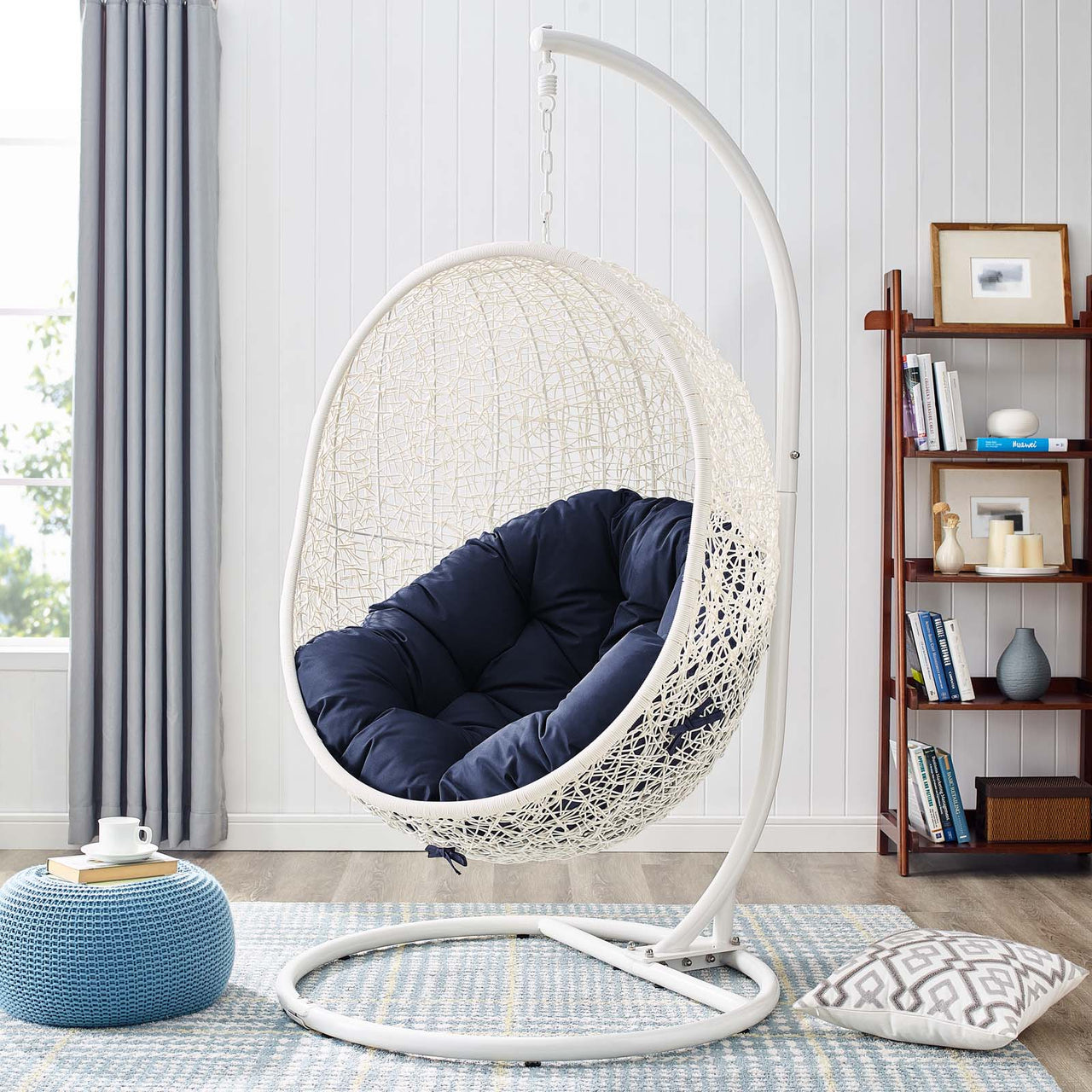 Shell Alfresco Swing Chair w/ Stand, White & Navy
