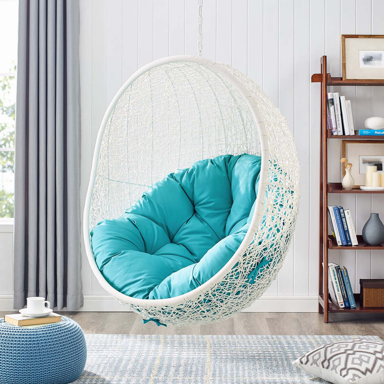 Shell Alfresco Swing Chair w/ Stand, White & Turquoise