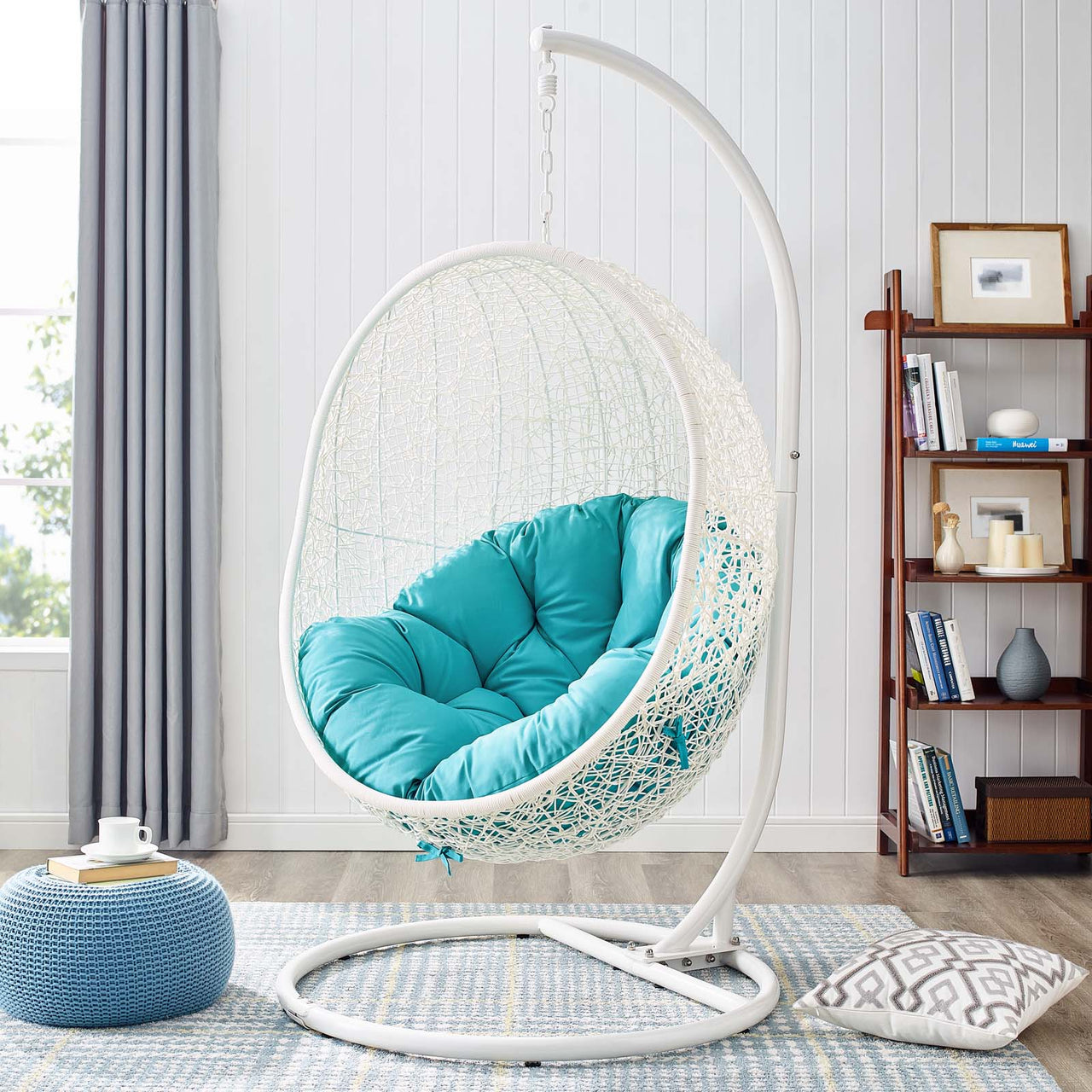 Shell Alfresco Swing Chair w/ Stand, White & Turquoise