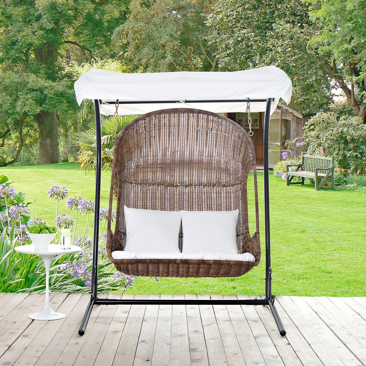 Vantage Outdoor Patio Swing Chair With Stand, Brown & White