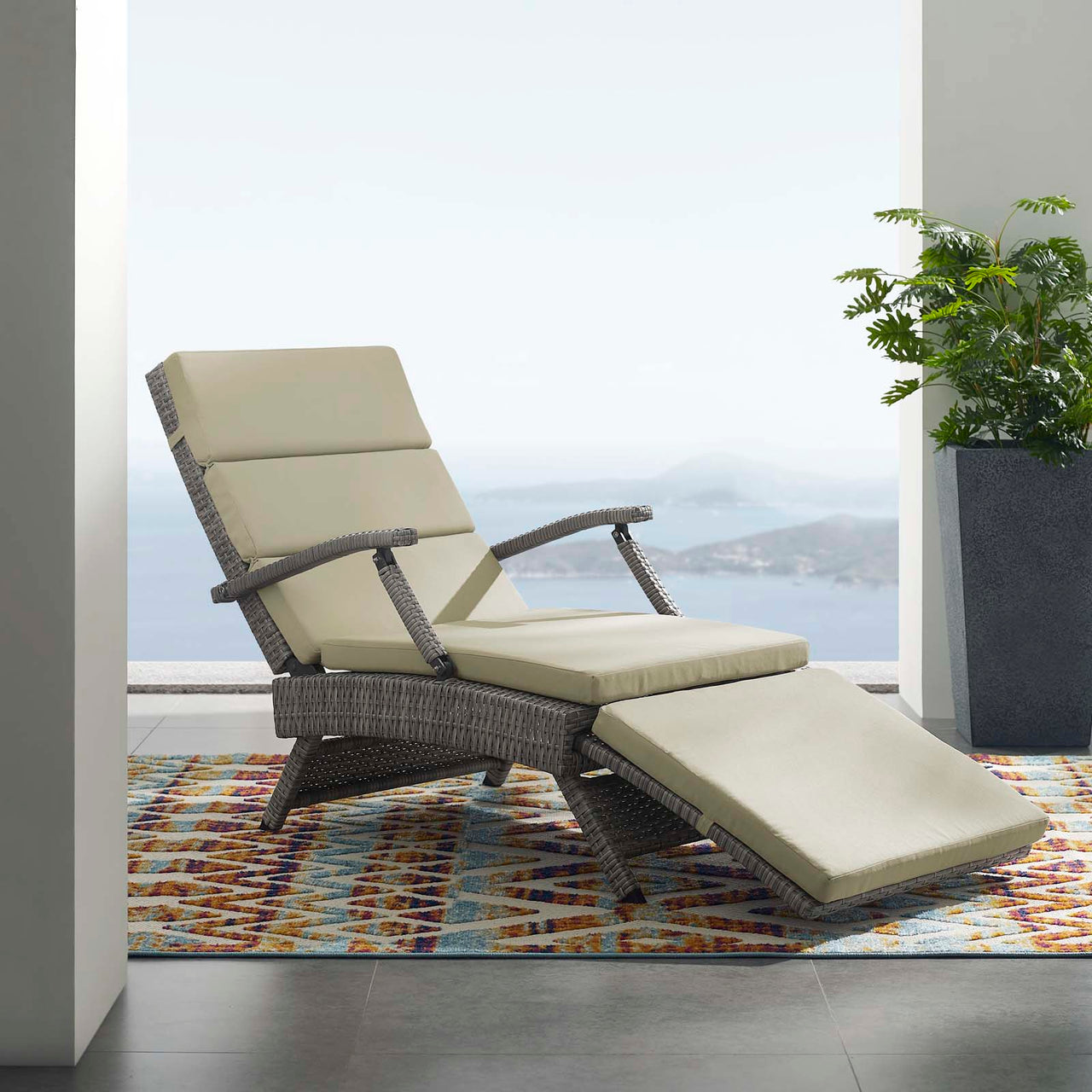 Envisage Outdoor Patio Wicker Rattan Chaise Lounge, Light Gray & Beige