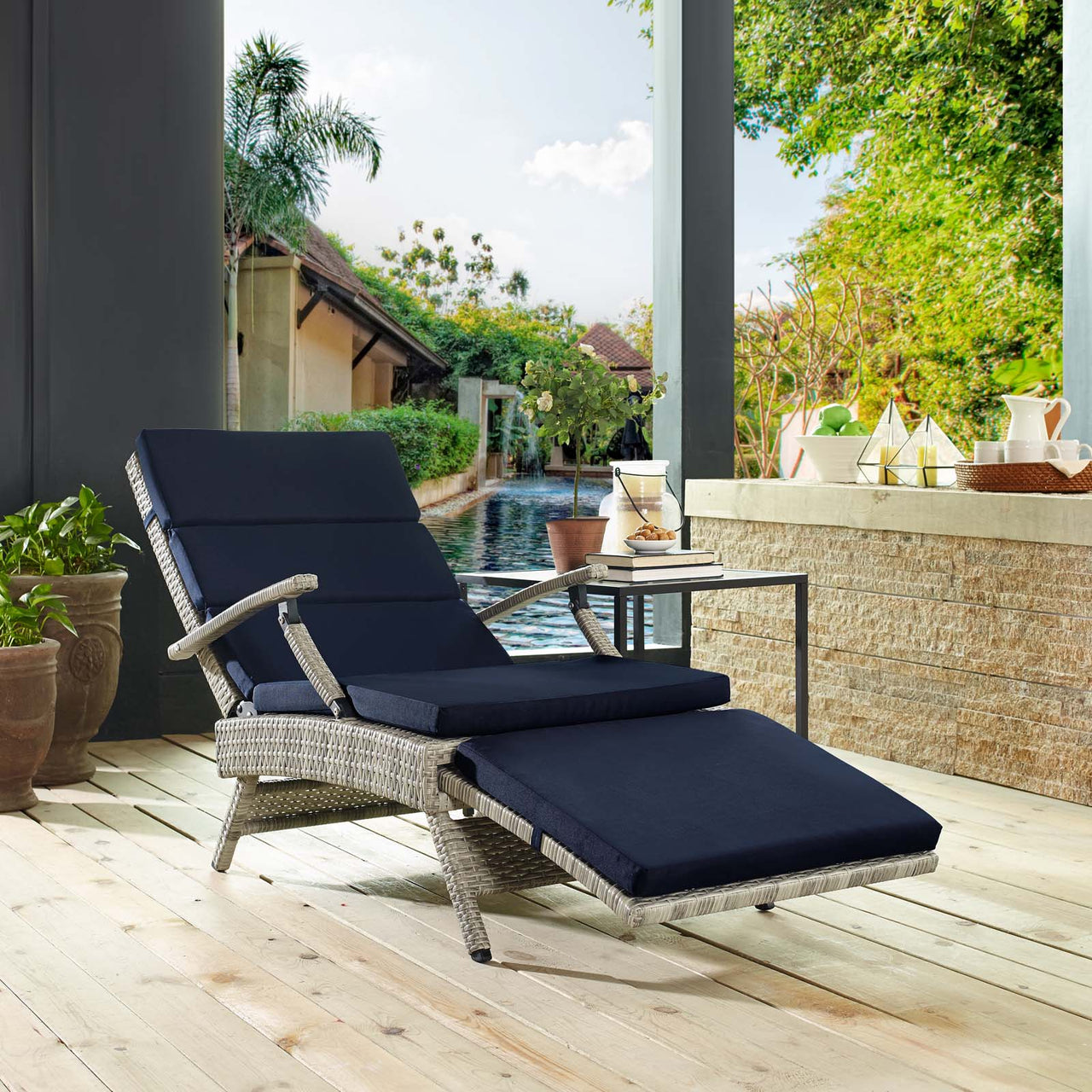 Envisage Outdoor Patio Wicker Rattan Chaise Lounge, Light Gray & Navy