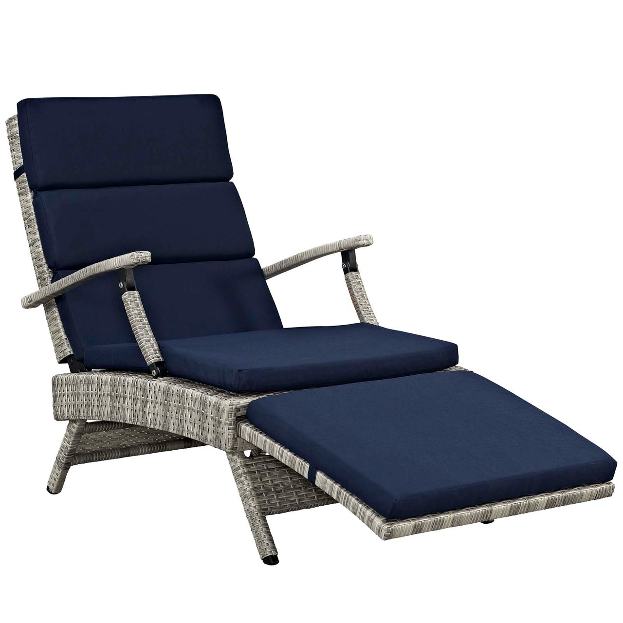 Envisage Outdoor Patio Wicker Rattan Chaise Lounge, Light Gray & Navy