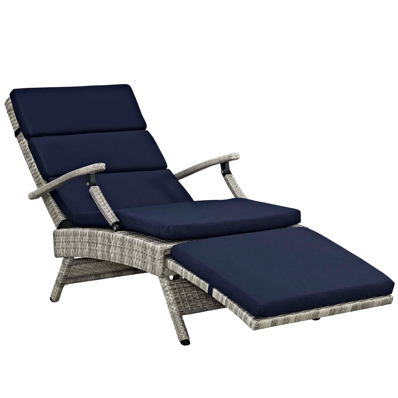 Envisage Outdoor Patio Wicker Rattan Chaise Lounge, Light Gray & Navy