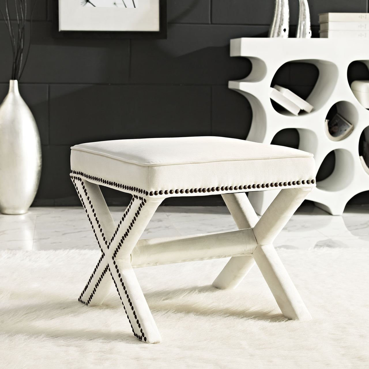 Teamwork Velvet Ottoman, Ivory