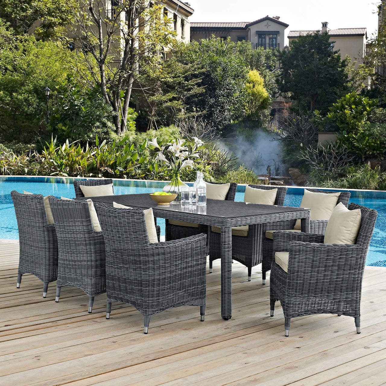 Invocation 9-Piece Alfresco Sunbrella® Dining Set, Antique Canvas Beige