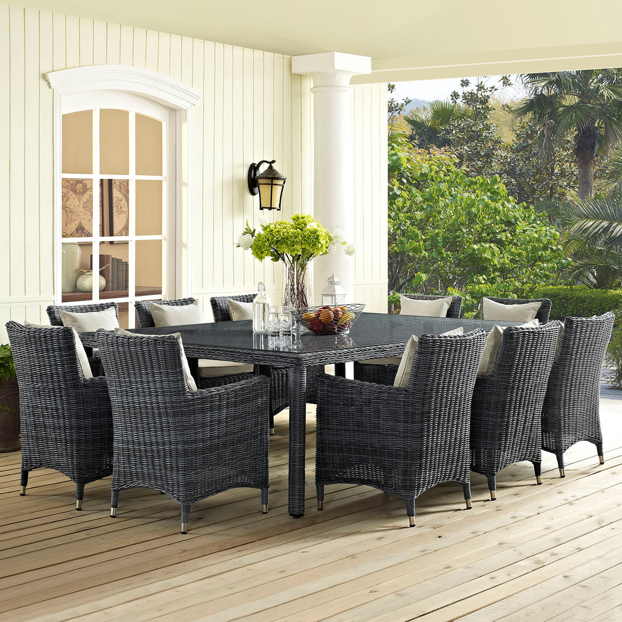 Summon 11 Piece Outdoor Patio Sunbrella® Dining Set, Antique Canvas Beige