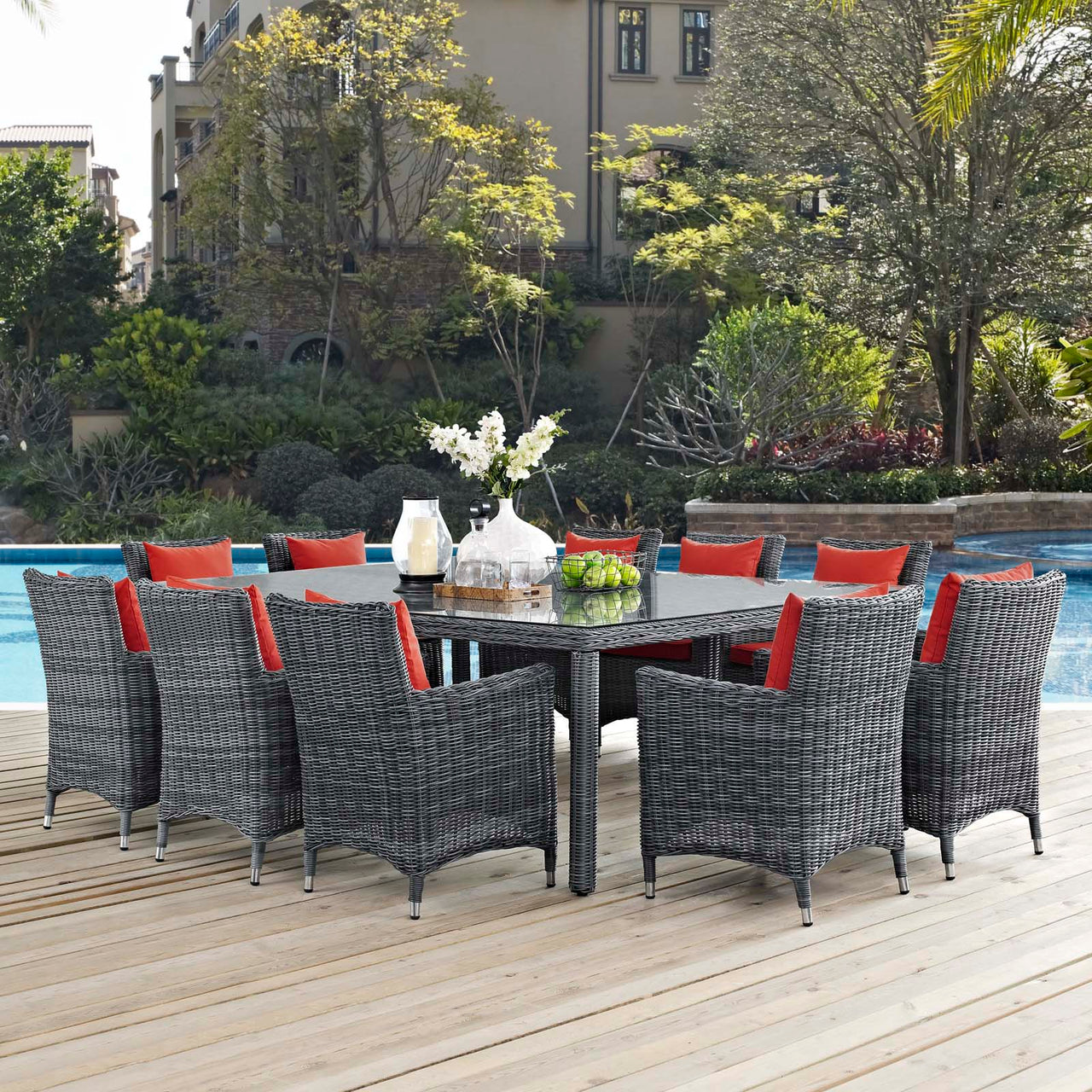 Summon 11 Piece Outdoor Patio Sunbrella® Dining Set, Canvas Red