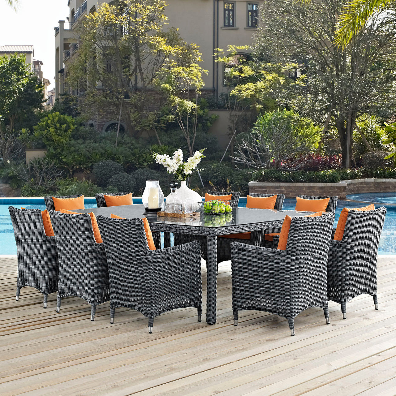 Summon 11 Piece Outdoor Patio Sunbrella® Dining Set, Canvas Tuscan