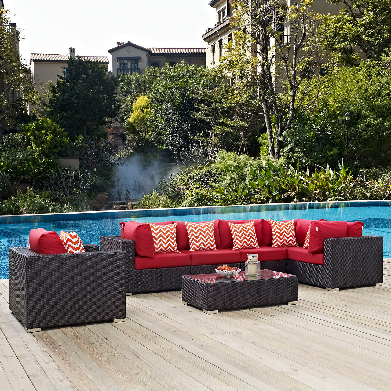 Convene 7 Piece Outdoor Patio Sectional Set, Espresso & Red