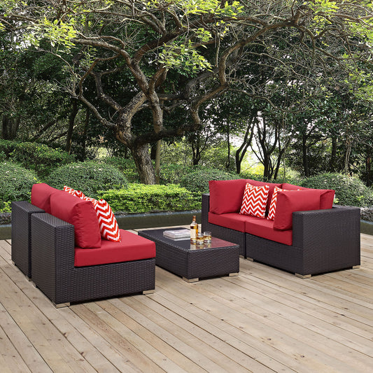 Conversation 5-Piece Alfresco Sectional Set, Espresso & Red