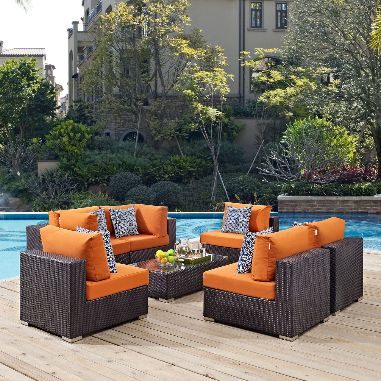 Convene 7 Piece Outdoor Patio Sectional Set, Espresso & Orange