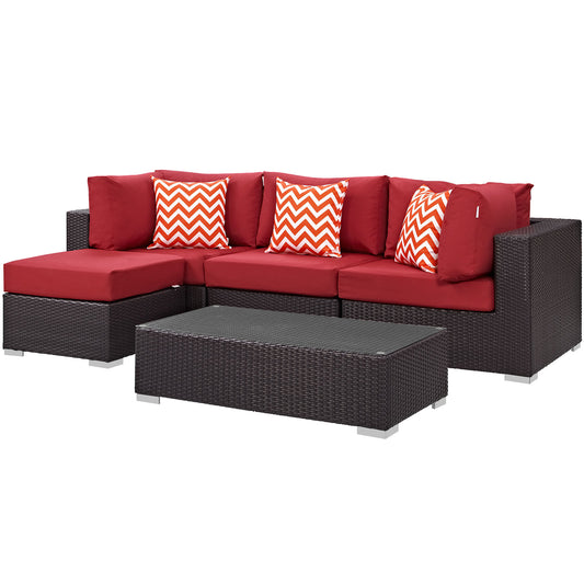 Conversation 5-Piece Alfresco Sectional Set, Espresso & Red