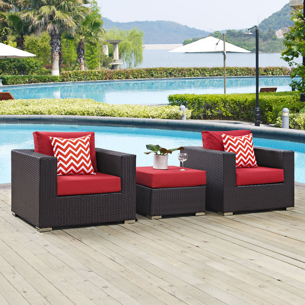 Conversation 3-Piece Alfresco Sofa Set, Espresso & Red