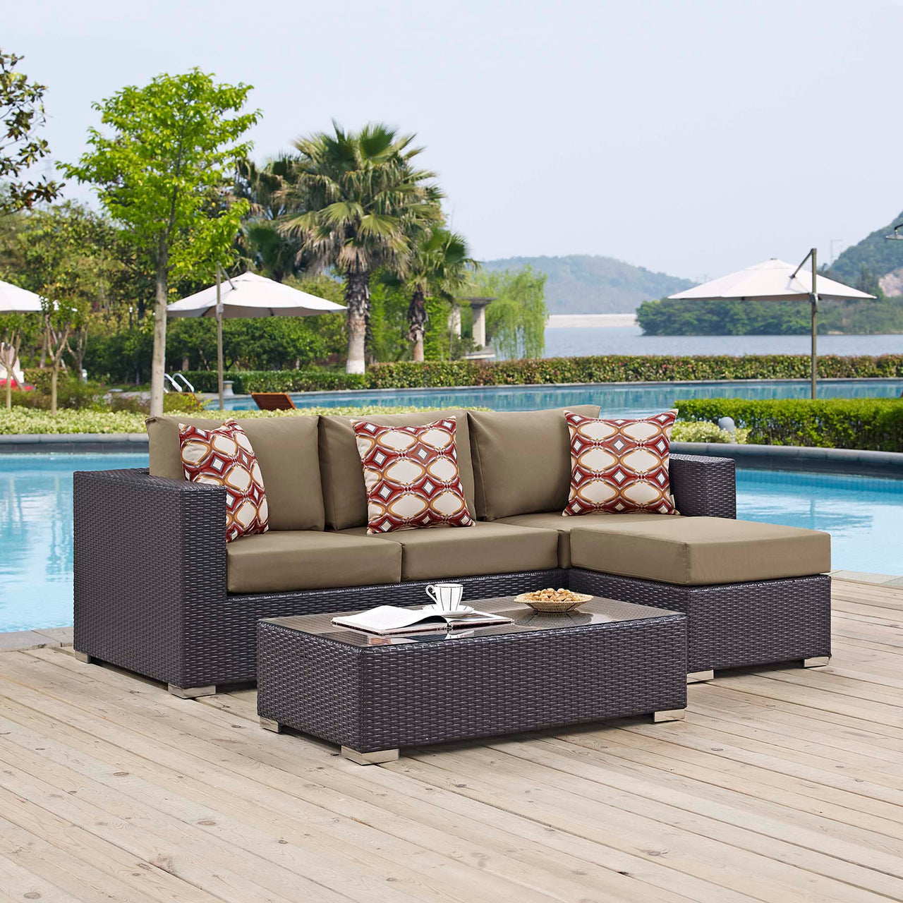 Convene 3 Piece Outdoor Patio Sectional, Espresso & Mocha