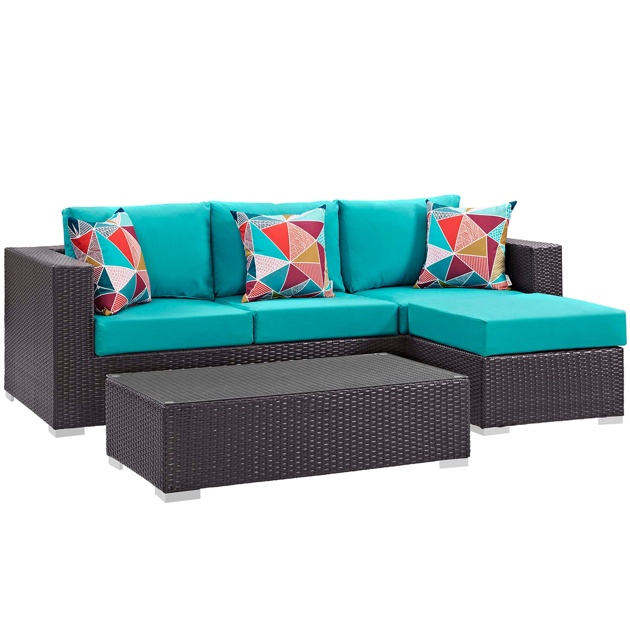 Convene 3 Piece Outdoor Patio Sectional, Espresso & Turquoise