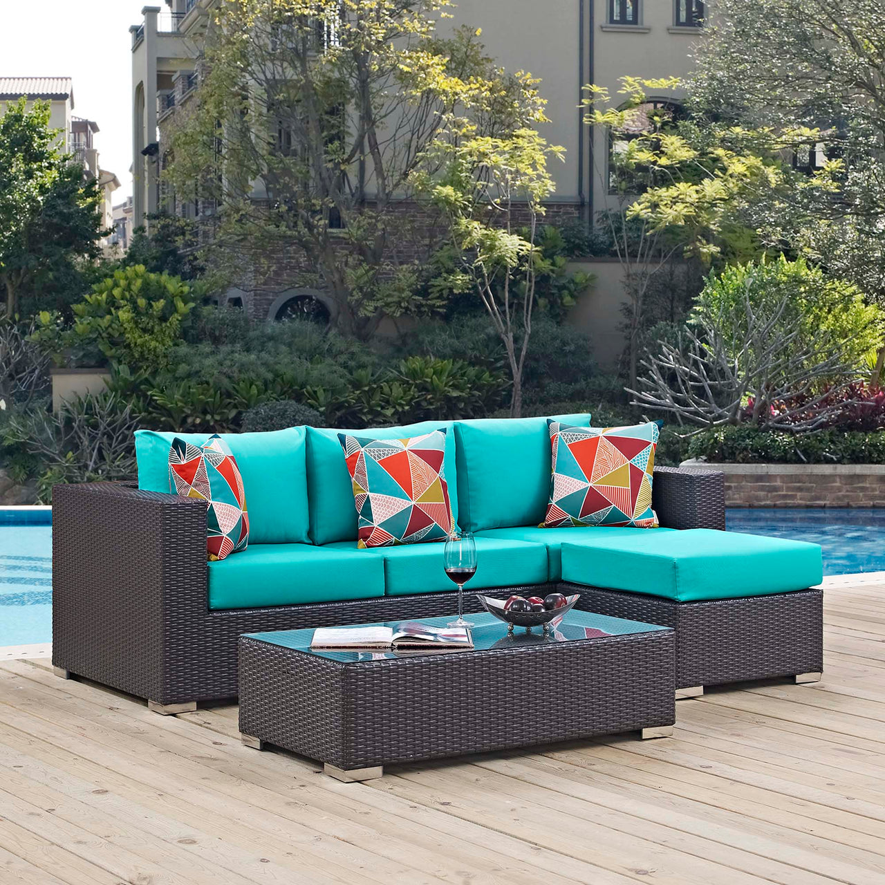 Convene 3 Piece Outdoor Patio Sectional, Espresso & Turquoise