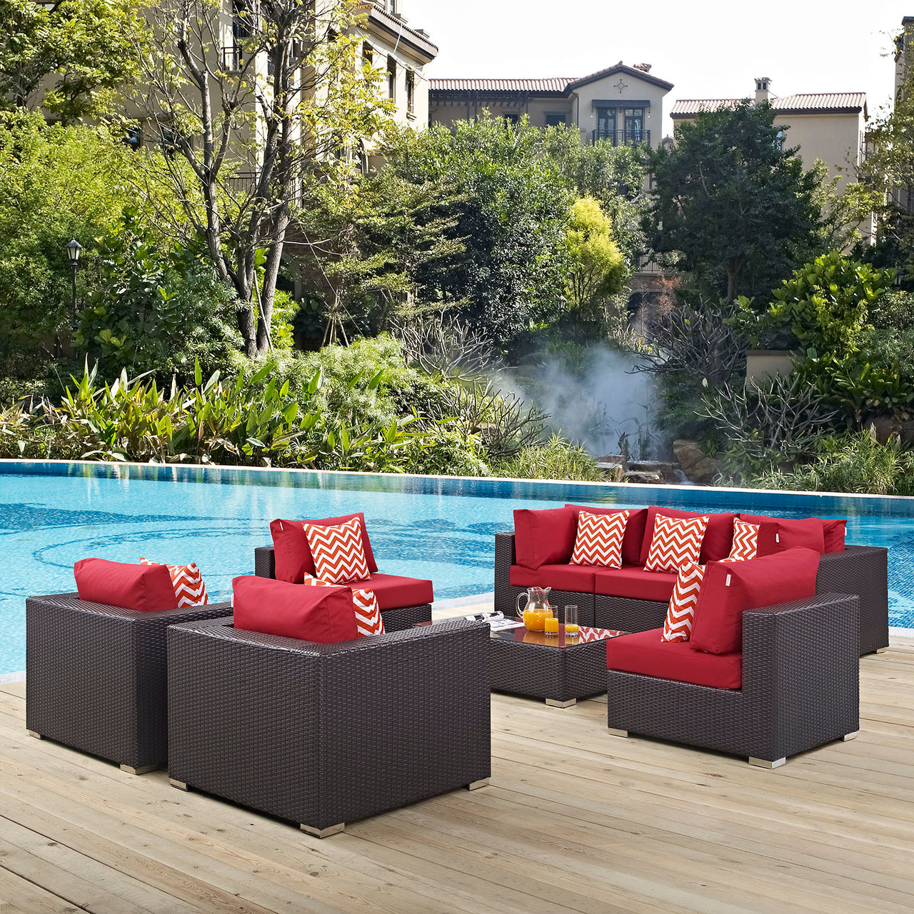 Convene 8 Piece Outdoor Patio Sectional Set, Espresso & Red