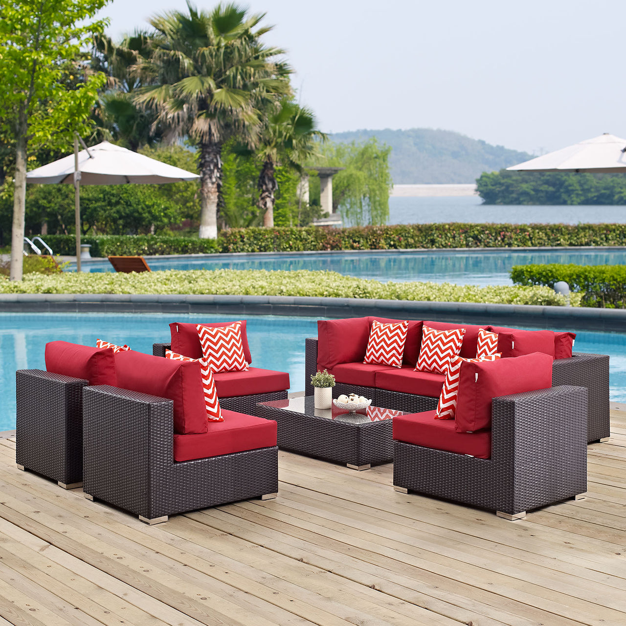 Conversation 8-Piece Alfresco Sectional Set, Espresso & Red