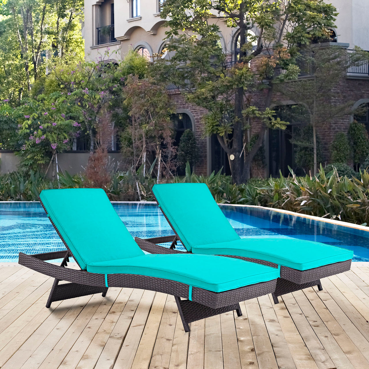 Convene Outdoor Patio Chaise Set of 2, Espresso & Turquoise