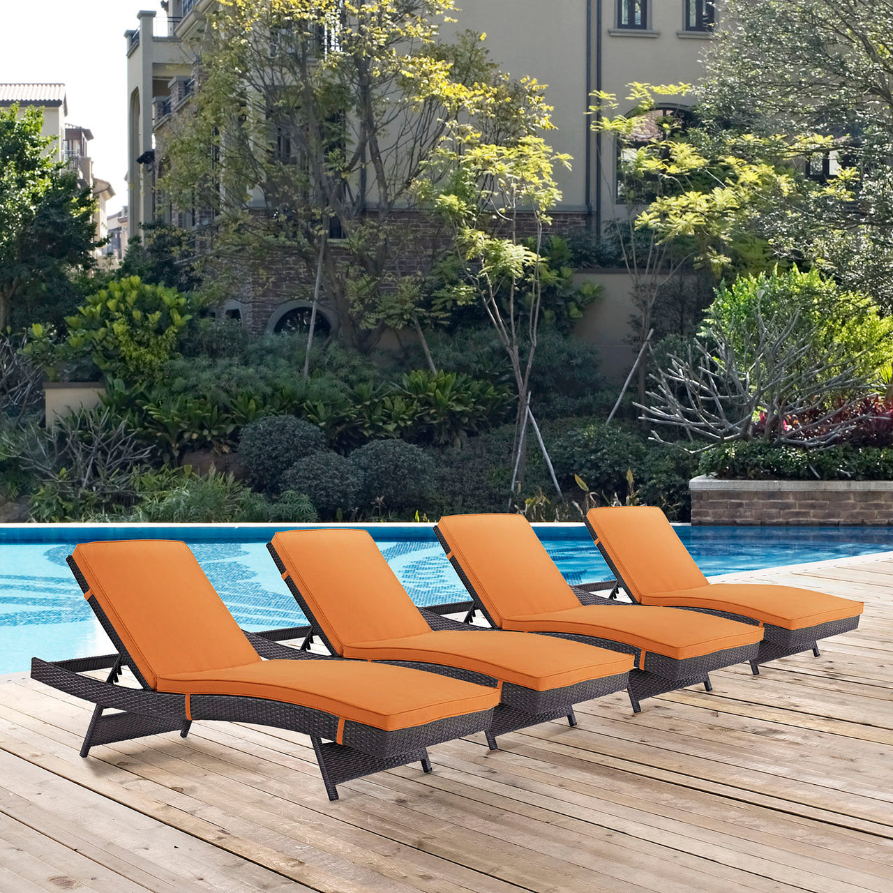 Convene Outdoor Patio Chaise Set of 4, Espresso & Orange